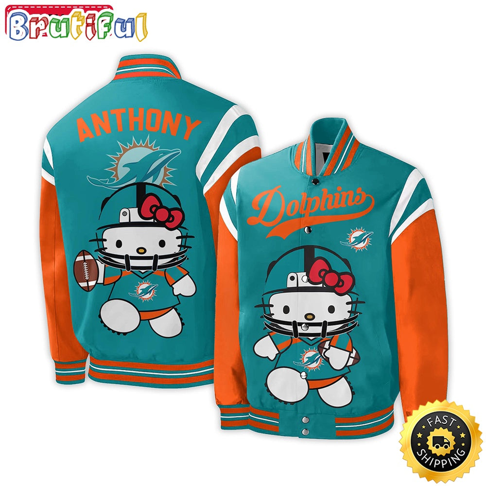 NFL Miami Dolphins Baseball Jacket Hello Kitty Personalized Baseball Jacket