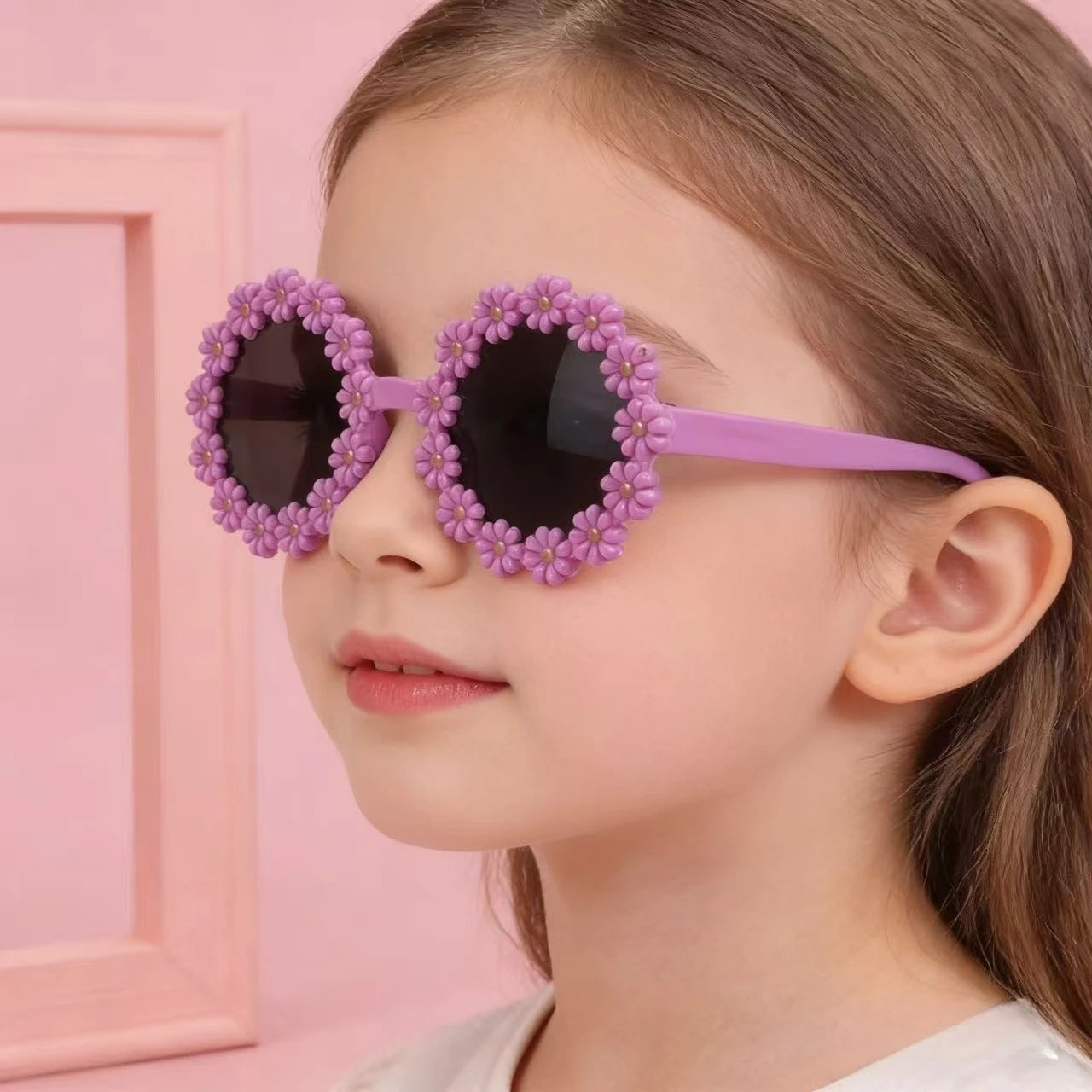 New Cute Flower Sunglasses Girl Purple Floral Frame Round Lens White Children's Beach Party Eyewear Glasses