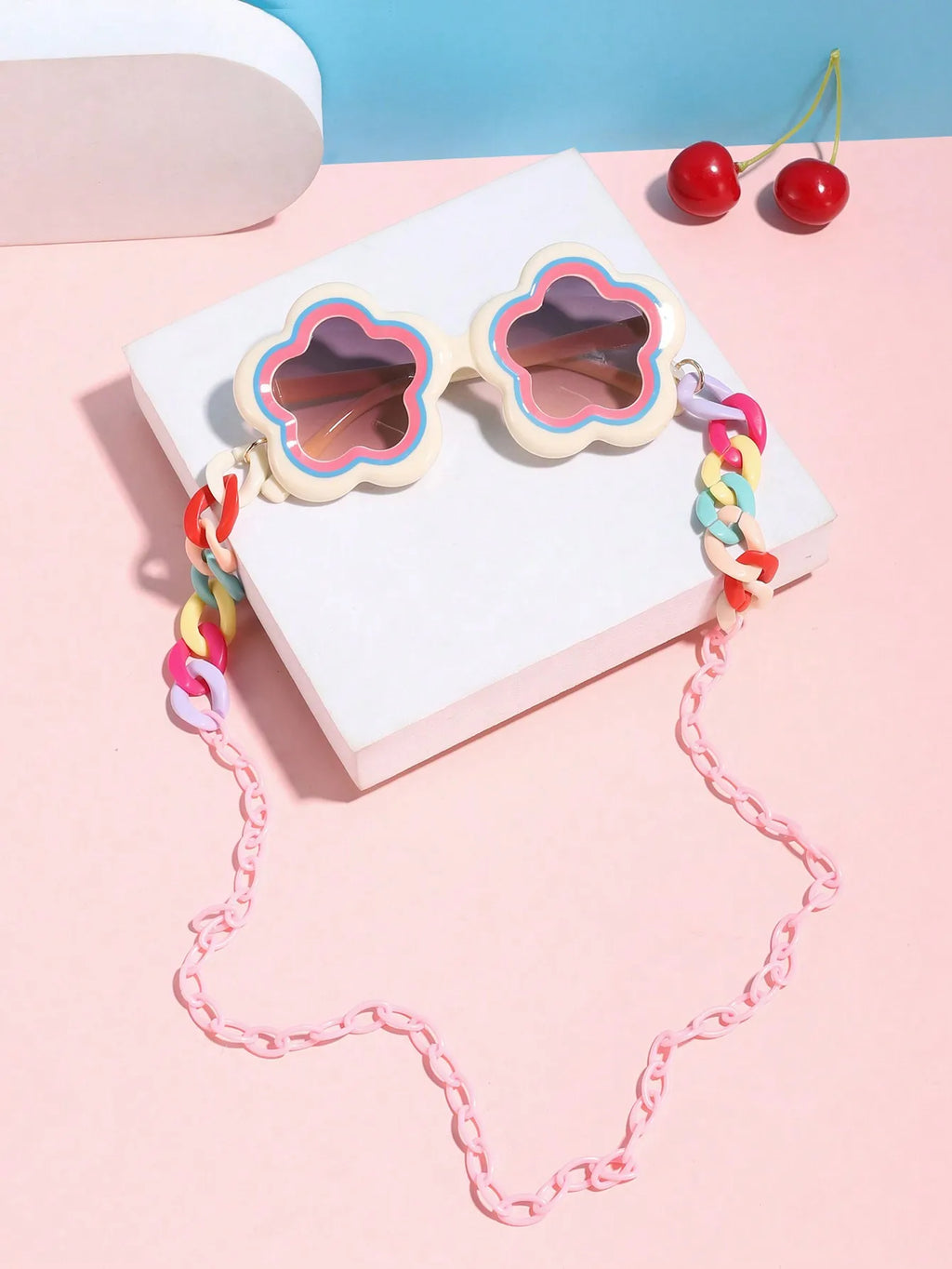 Floral-Shape Candy Color Sunglasses with Pastel Chain for Kids 4-8Y